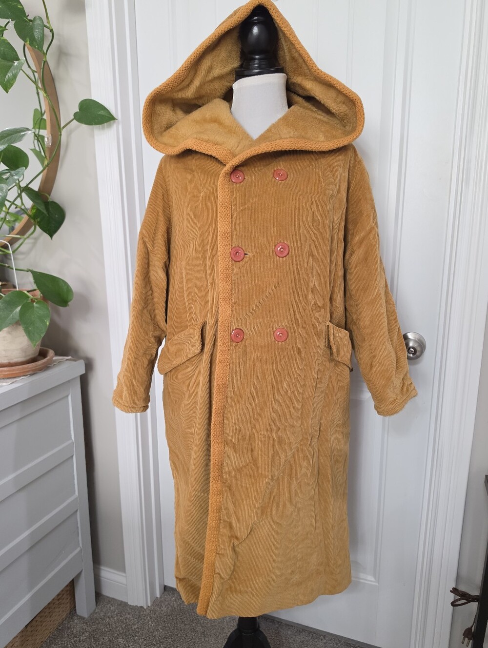 Women's Hooded Long Corduroy Coat in Mustard